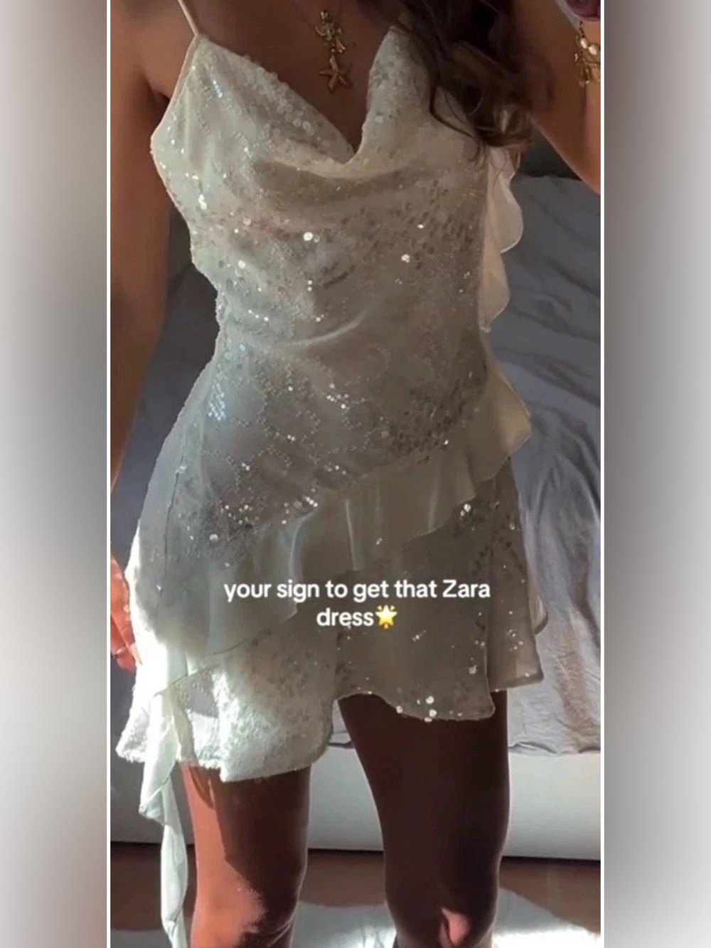Zara Oyster-White Sequin Ruffle  Mini Dress with asymmetrical ruffles